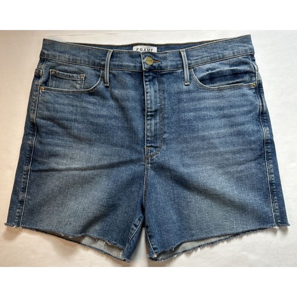 FRAME Women's Le Tour Short Frayed Hem Denim Jean Shorts Blue Size 32